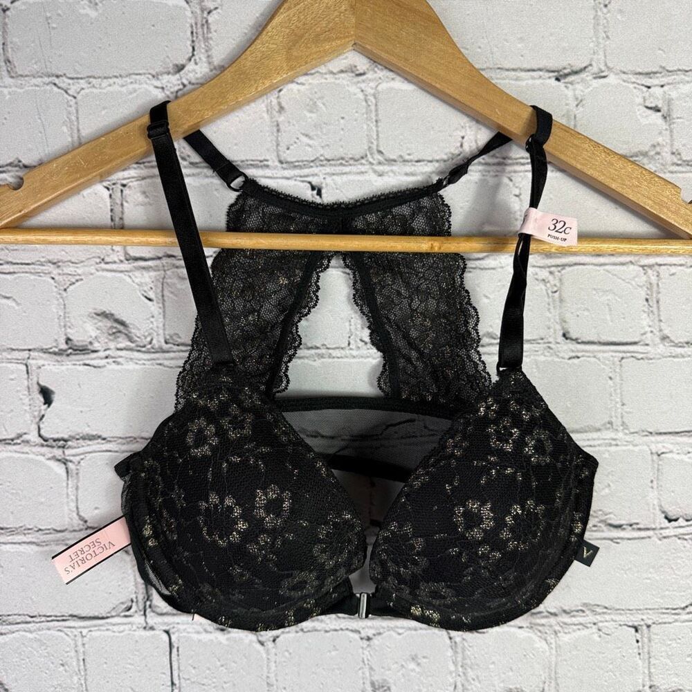 Victoria’s Secret Sexy Tee Push Up Bra Lace Black Gold Floral Bra 32C NWT  M
